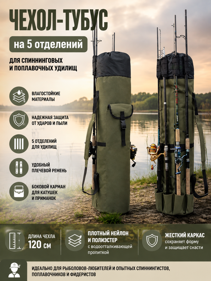 Спиннинговый чехол-тубус на 5 отделений, оливково-зеленый, влагостойкий, длиной 120 см