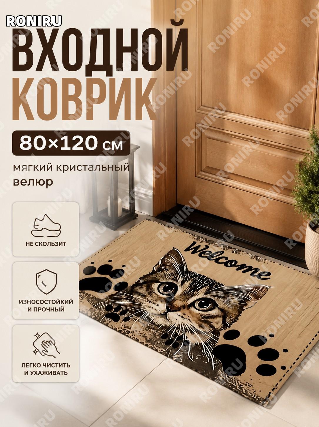 Коврик придверный с котиком 80×120 см из кристального велюра для входной двери мягкий напольный коврик в прихожую