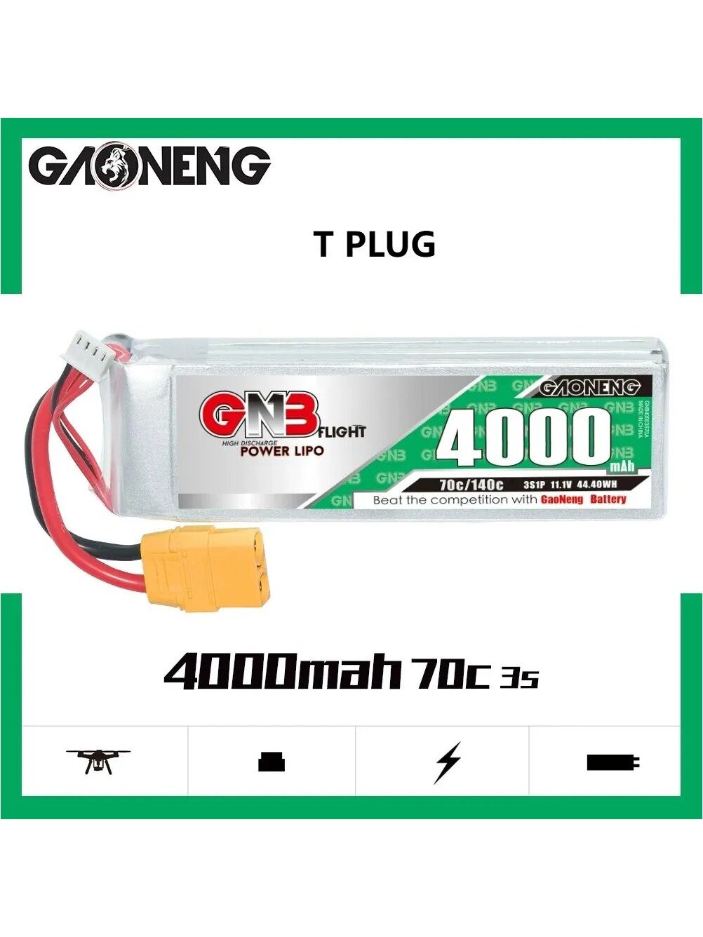 Аккумулятор GNB 4000mAh 3S 11.1V 70C LiPo с разъемом T Plug для радиоуправляемых моделей