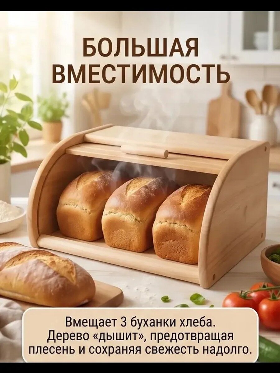 Хлебница из натурального светлого дерева 40 х 20 х 5 см с откидной крышкой