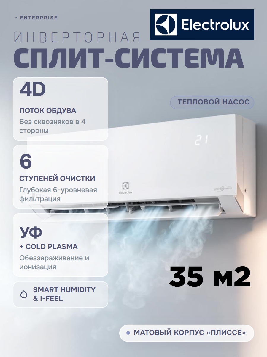 Сплит‑система Electrolux EACS/I‑12HEN‑WHITE/N8_24Y, инверторная, для помещений до 35 м², А+++