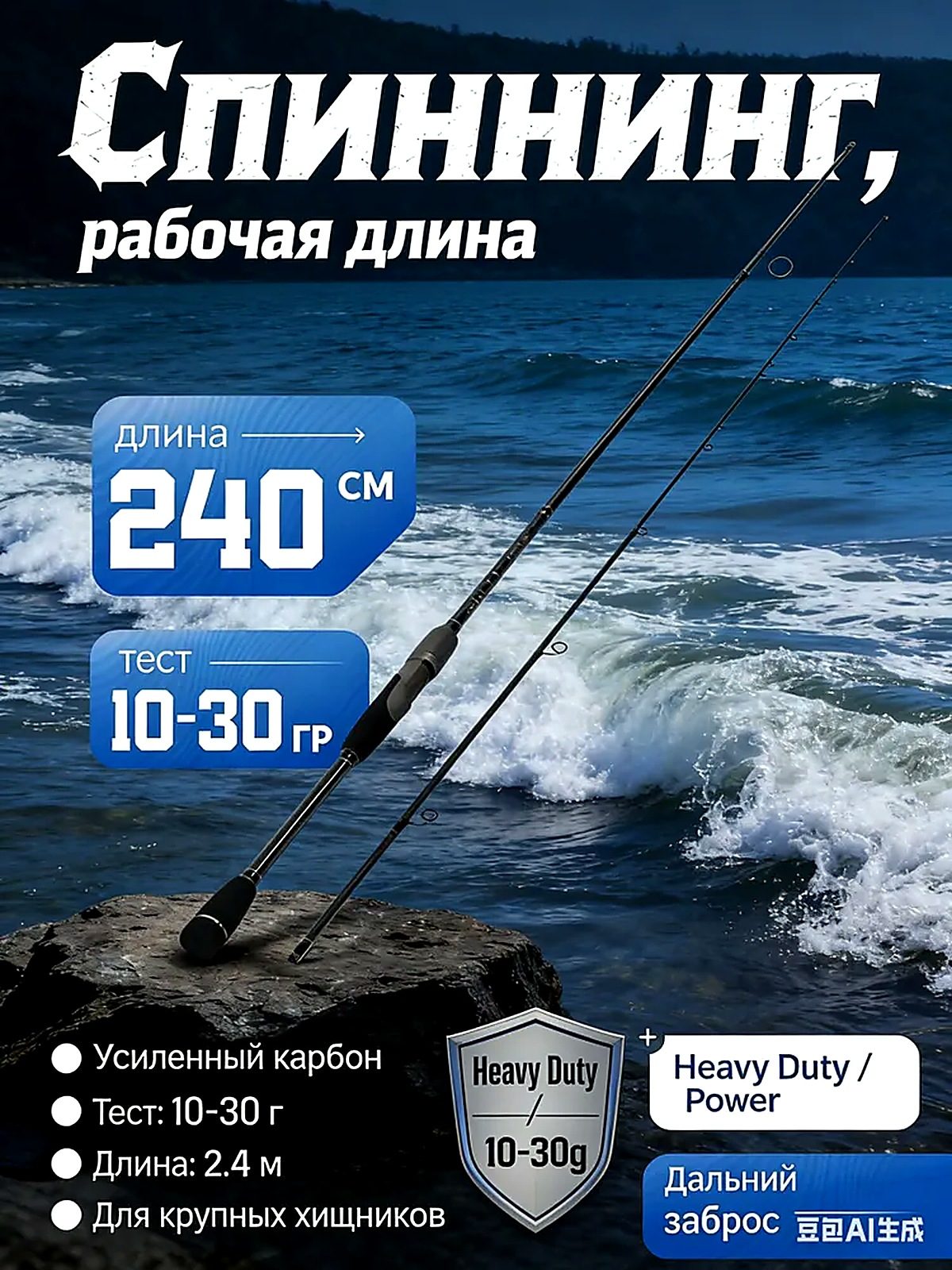 Спиннинг, рабочая длина: 240.15 см, до 30.1 гр, 15x10x10 см, удилища