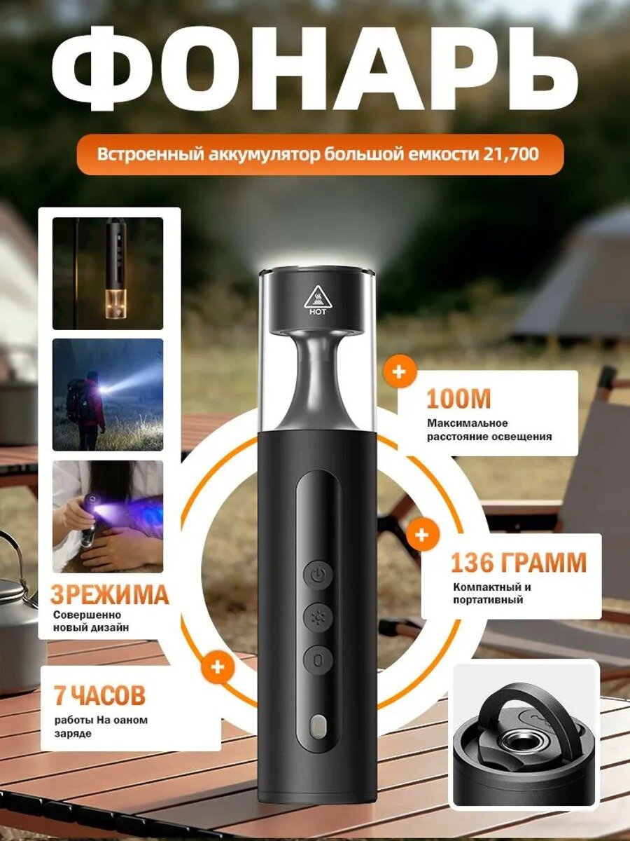 Кемпинговый фонарь: 1000 люмен, 3 светодиода, 7 режимов, аккумулятор 21700, IP42