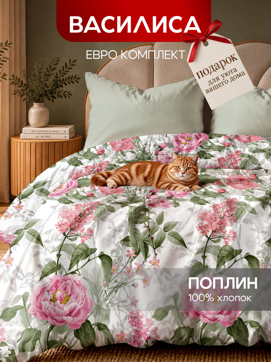Постельное белье Василиса Евро, Поплин, наволочки 70х70 см, Пралине