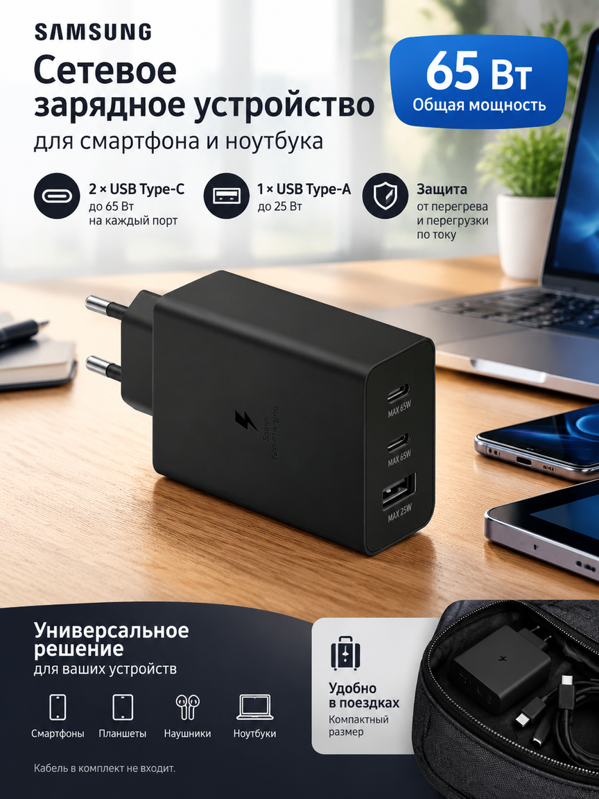 Блок питания 65 Вт с портами USB Type-C и USB Type-A для смартфона и ноутбука, черный корпус