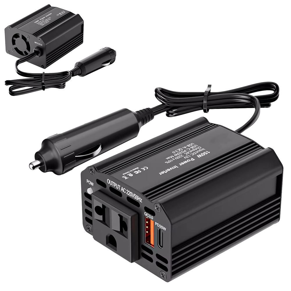 Автомобильный инвертор 150 Вт, вход 12 В, выход 220 В, USB-C PD 20 Вт, USB-A QC3.0, красный