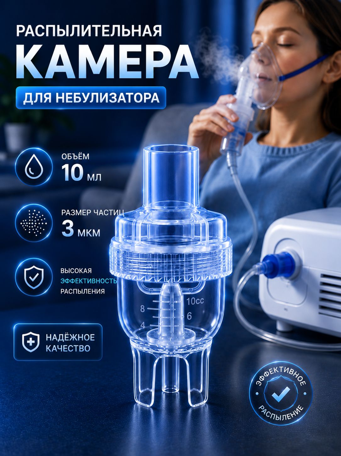 Небулайзерная камера 10 мл для компрессорного небулайзера, частицы 3 мкм, совместимость универсальная, дети и взрослые
