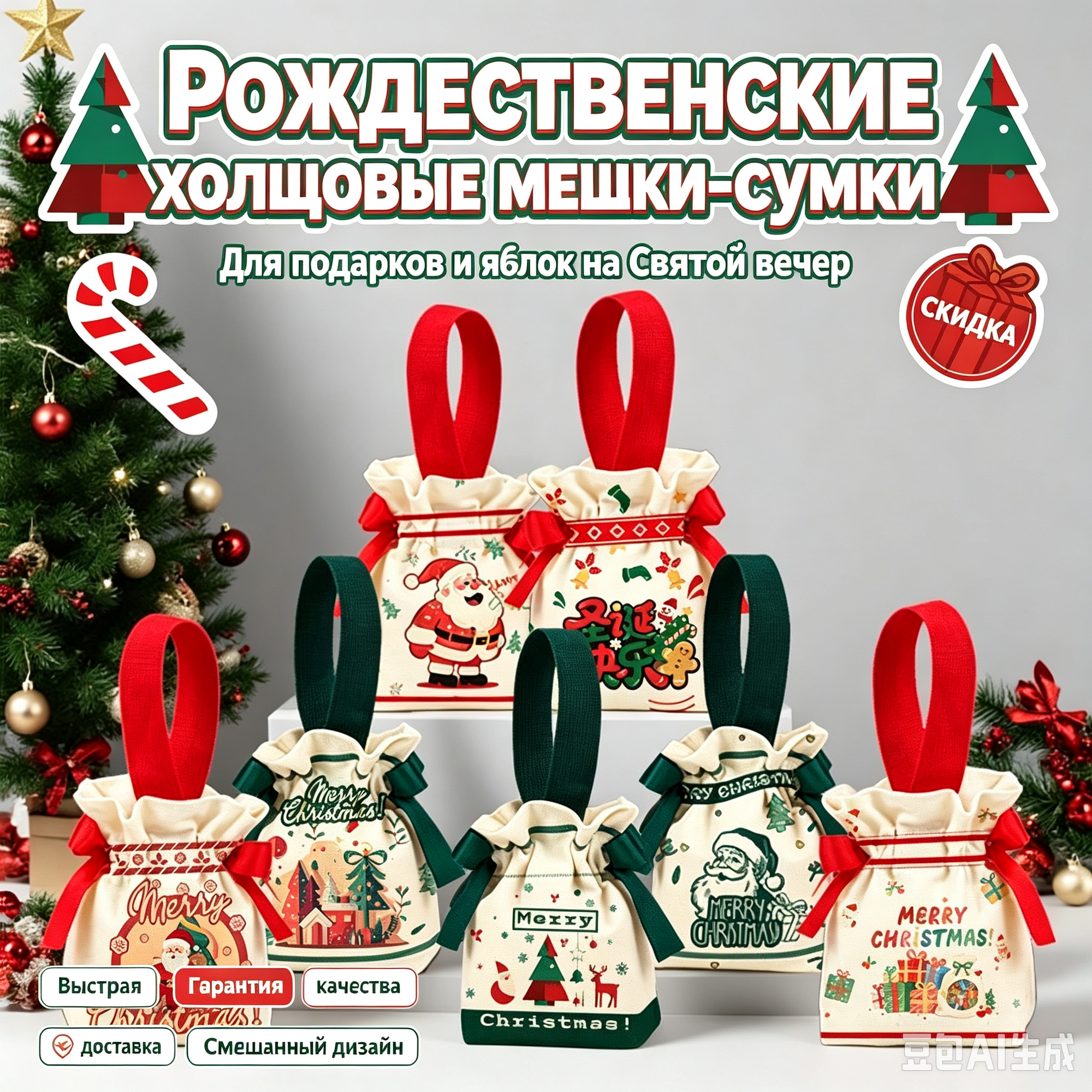 Рождественские холщевые мешки для яблок и подарков с ручками, тканевые сумки Санта-Клаус, опт и розница，1 штук
