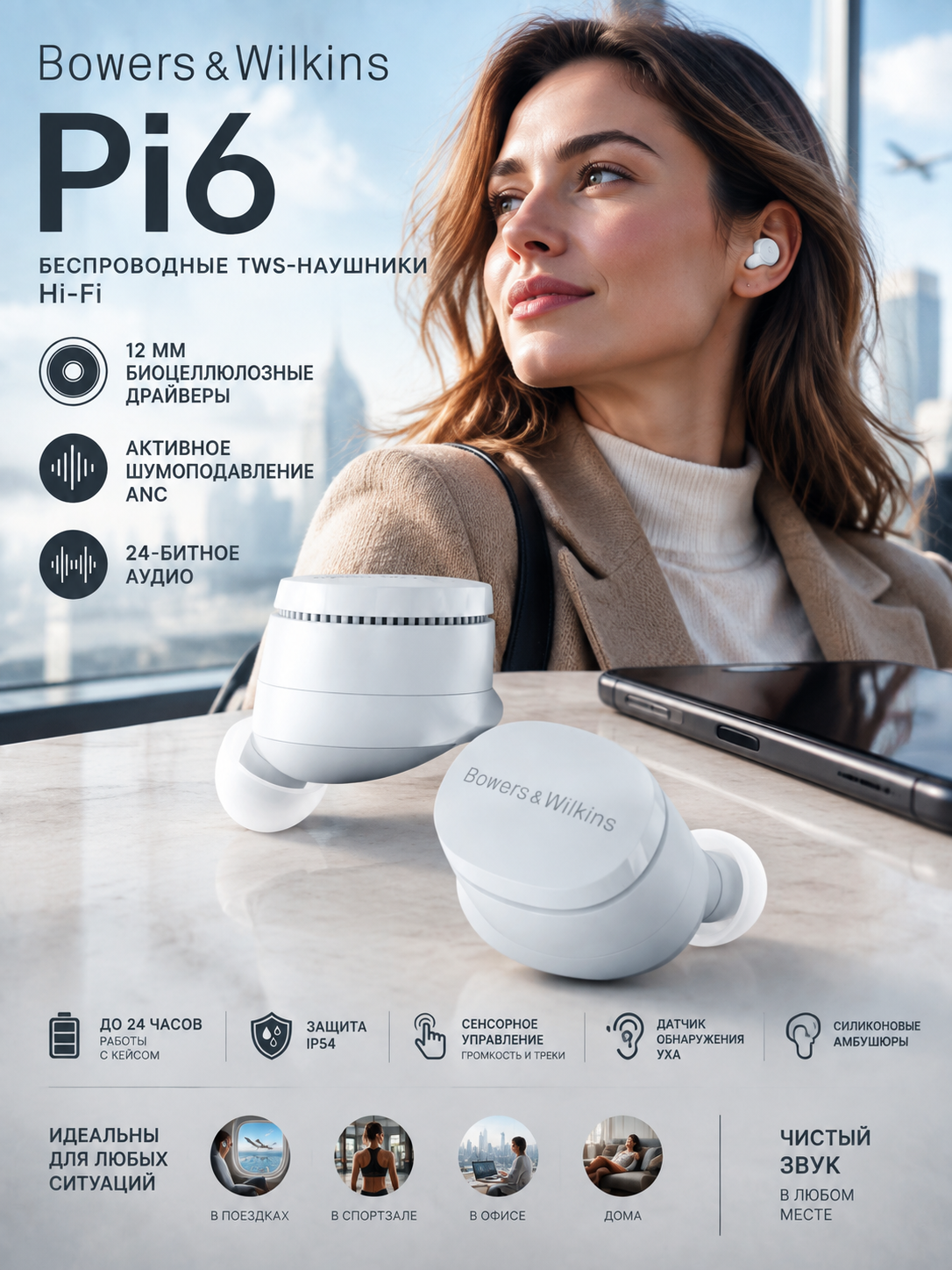 Беспроводные TWS-наушники Hi-Fi с ANC, Bluetooth 5.4, до 24 ч работы, IP54, белые