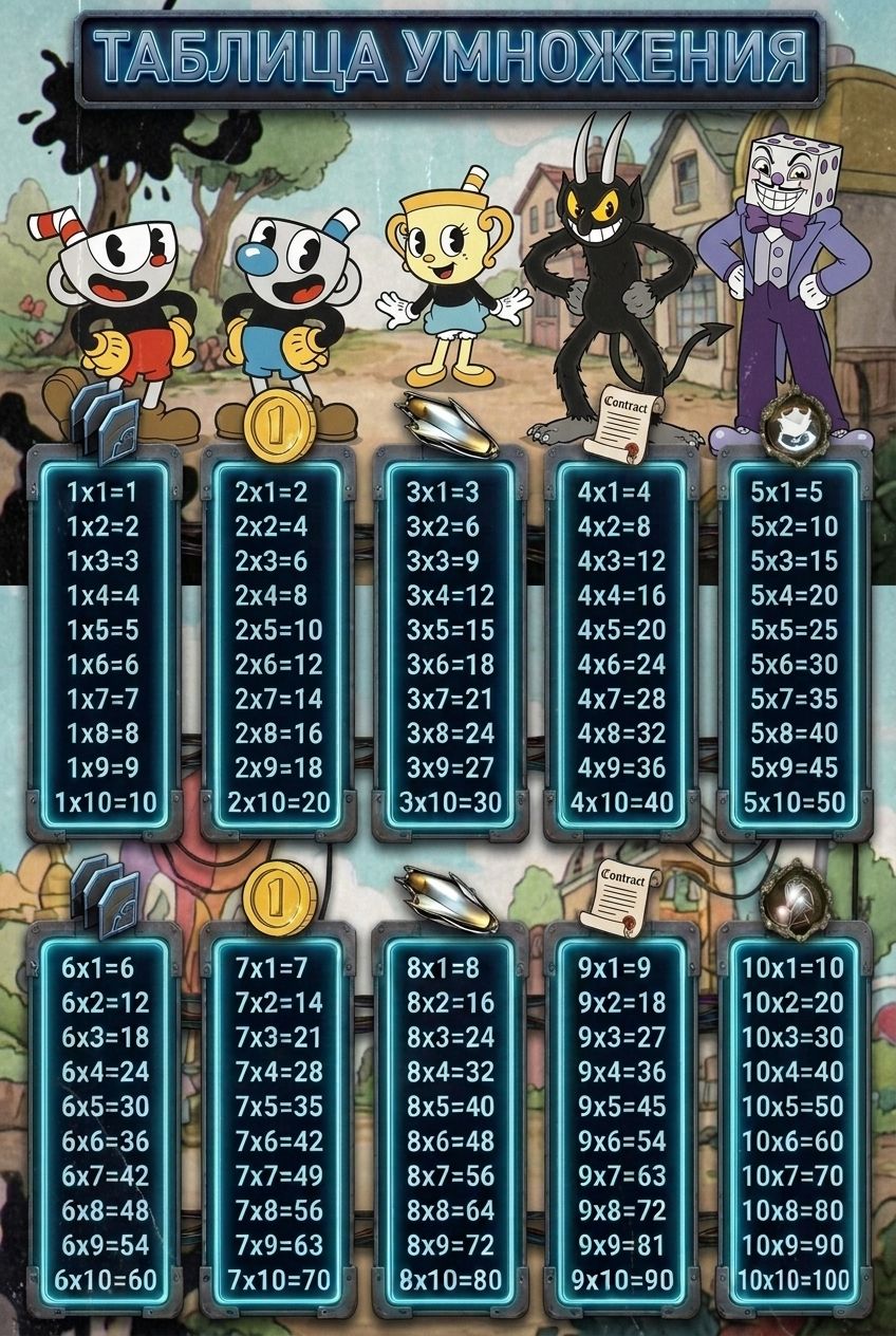 Плакат - Таблица умножения - Капхед - Cuphead