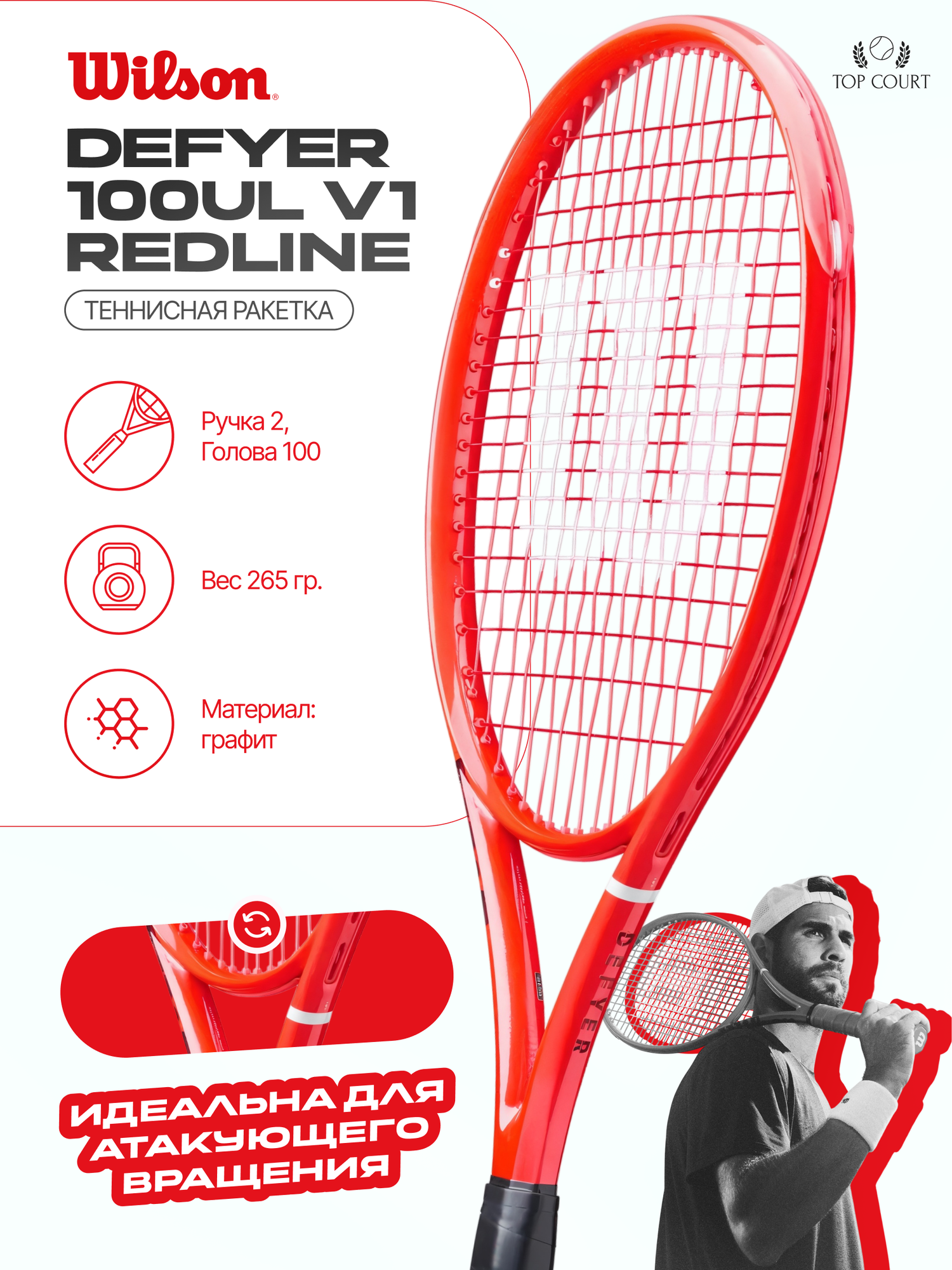 Ракетка для большого тенниса Wilson Defyer 100UL V1 Redline (Ручка 2, без натяжки)