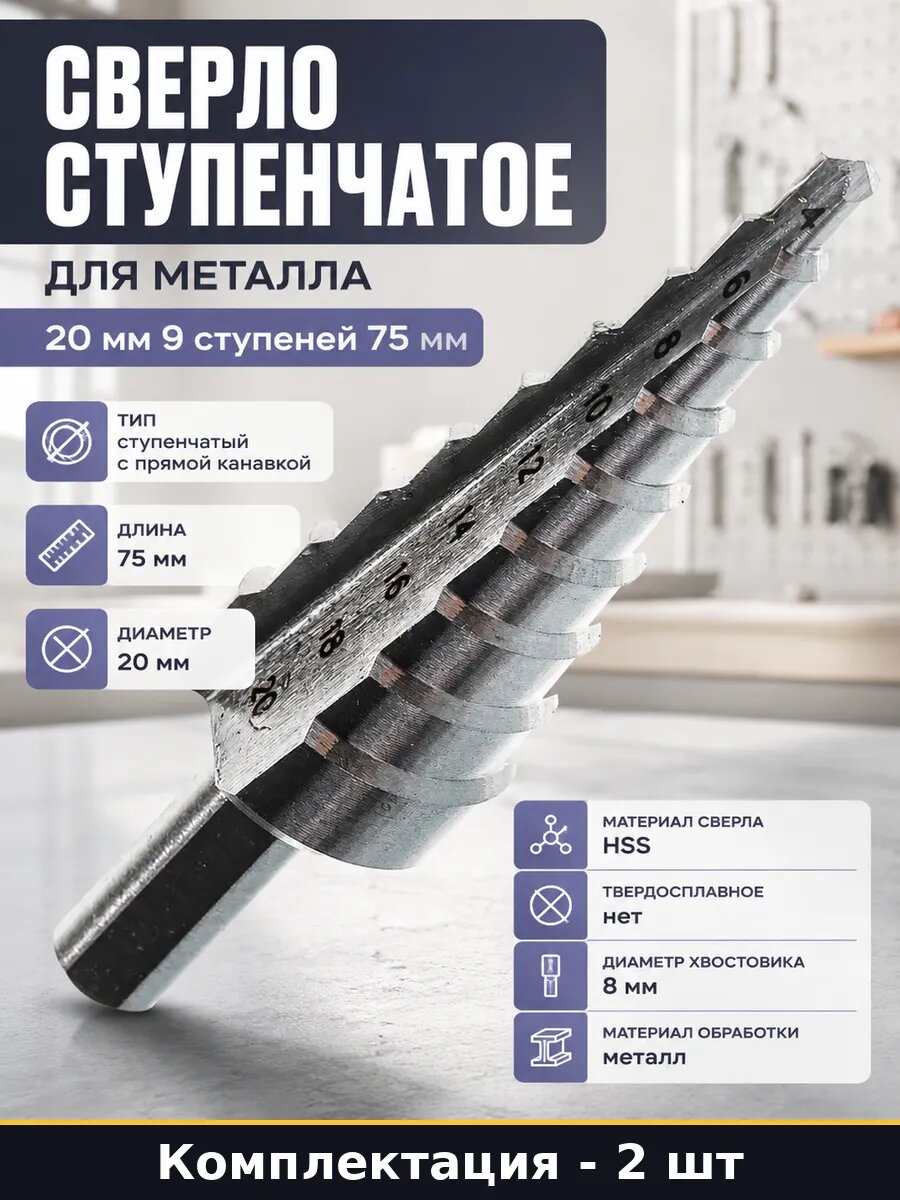 Сверло ступенчатое для металла 20 мм 9 ступеней 75 мм