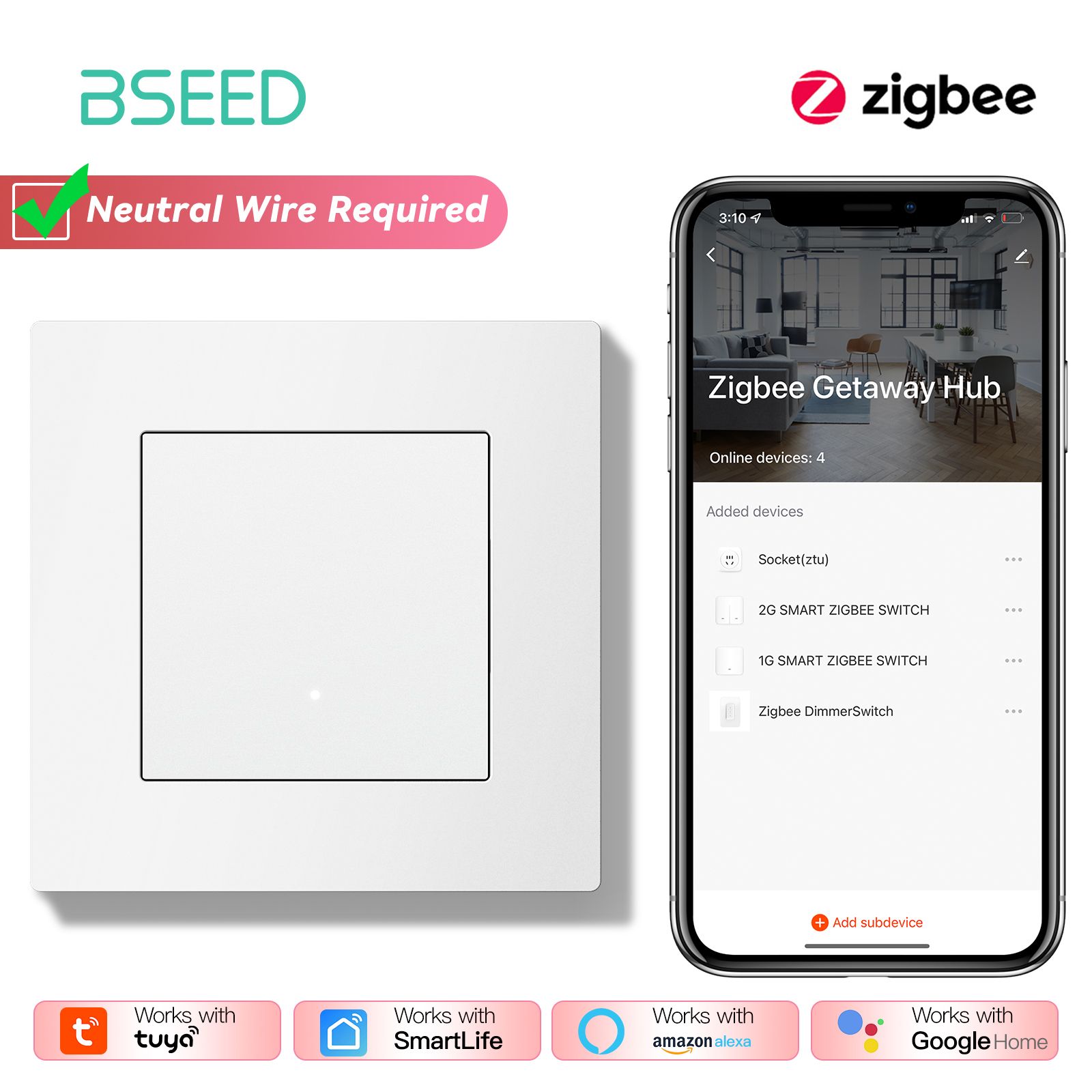 Умный выключатель c Алисой Zigbee, Легко нажать, Пластиковая рамка, Серия E - CLICK