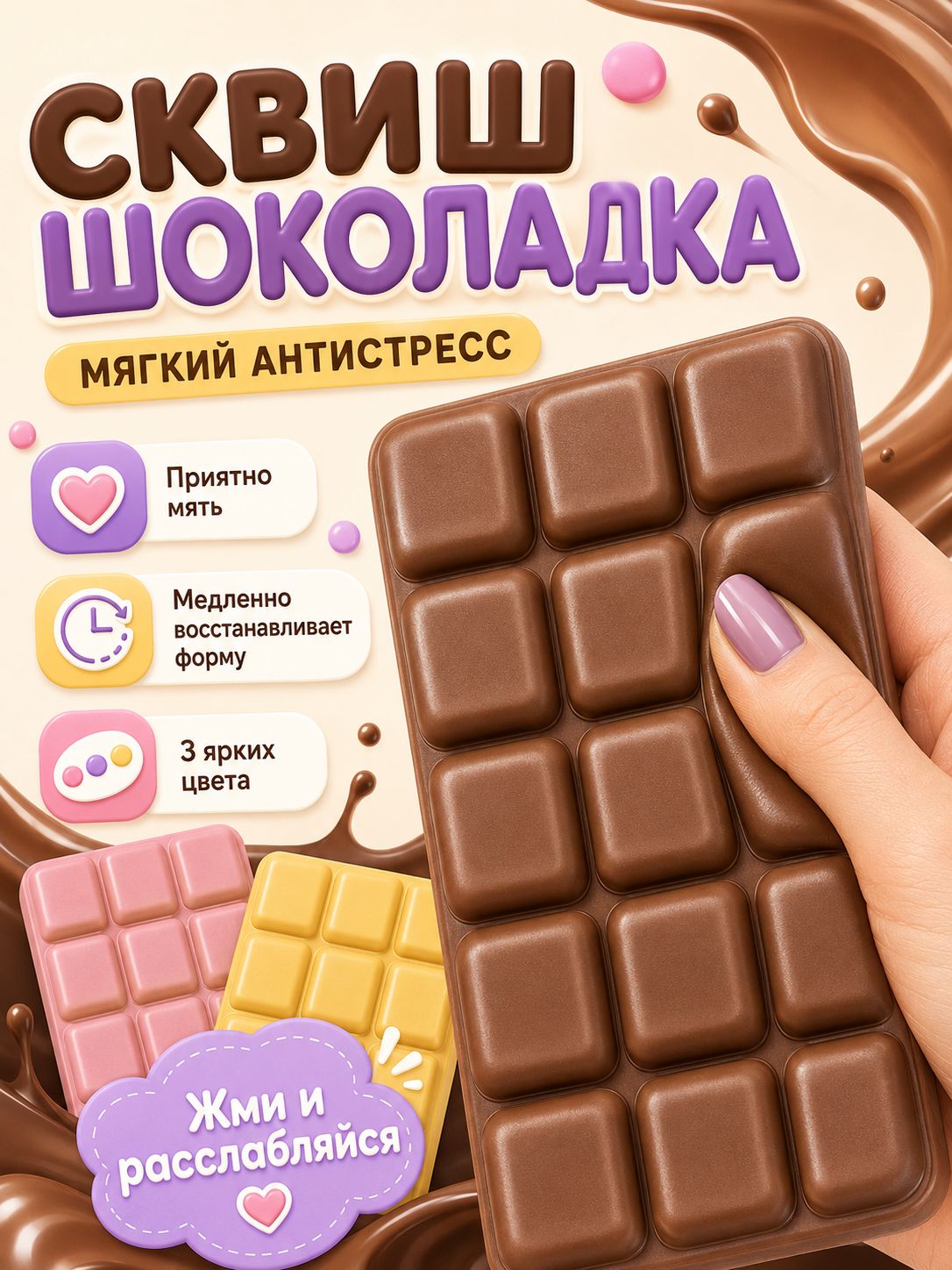 Сквиш антистресс дубайский шоколад, игрушка мялка для детей и взрослых