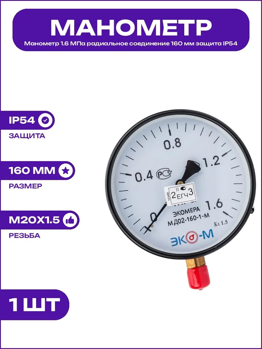 Манометр 160 мм М20х1.5 1.6 МПа радиальный корпус сталь IP54