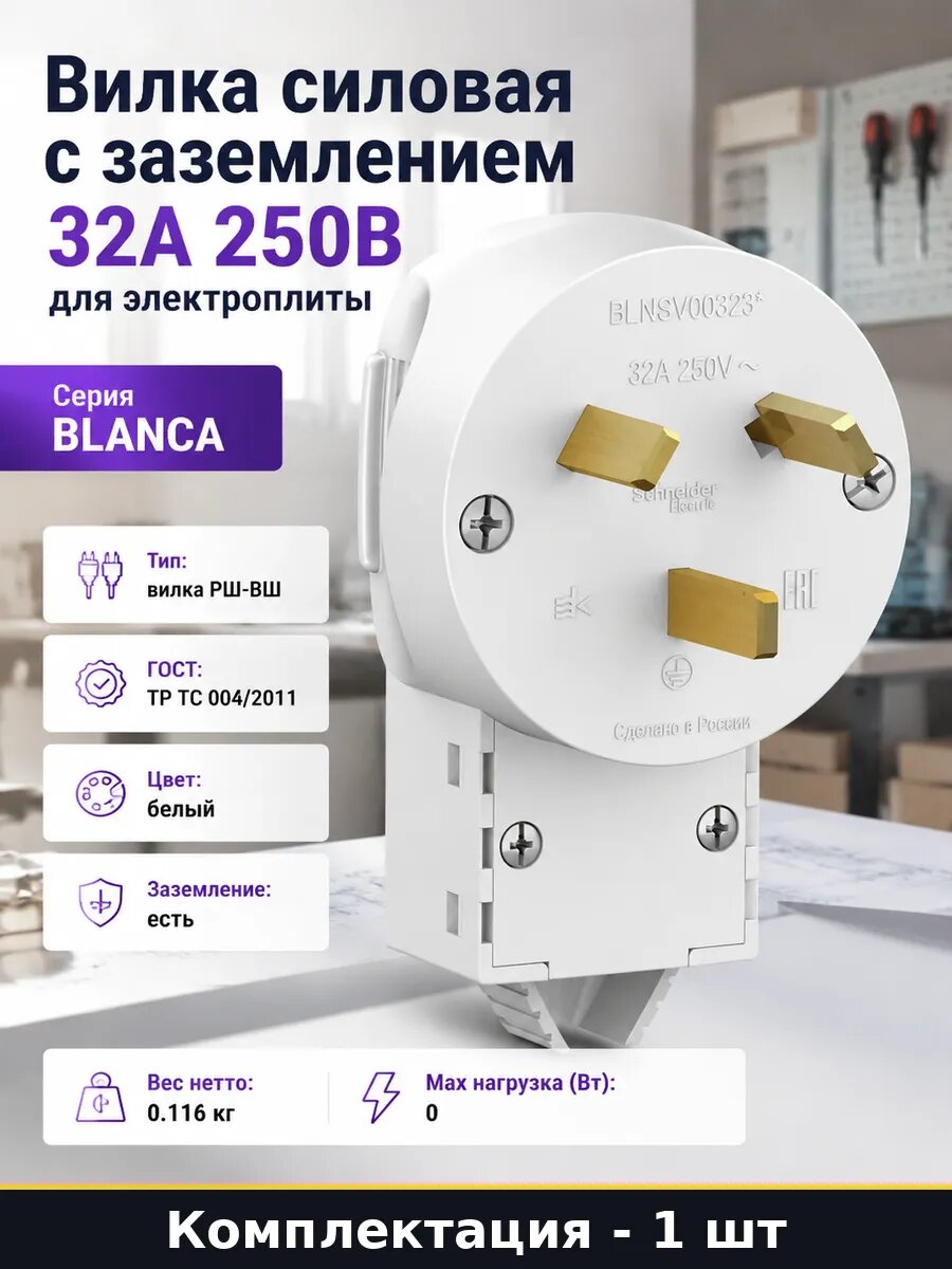 Вилка силовая с заземлением 32А 250В для электроплиты