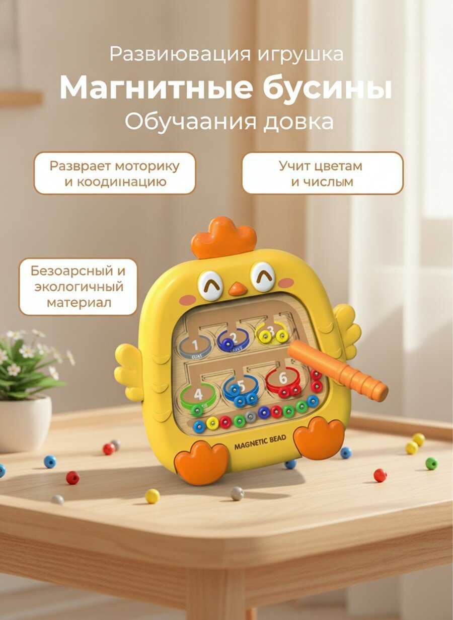 Развивающие игрушки для детей: маленькие игрушки, цыплёнок, жёлтая магнитная доска для рисования.