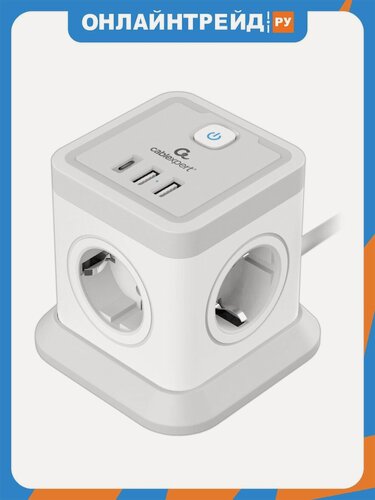 Изображение товара Сетевой фильтр Cablexpert Tower 4 розетки, 10А, 1xType-C PD, 20Вт, 2хUSB, 2м, белый, коробка (TWR-4-CU2-W-2)