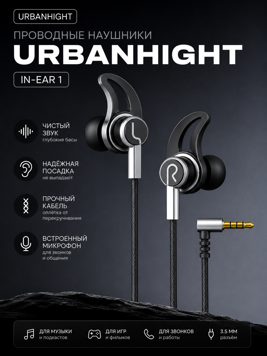 Наушники проводные URBANHIGHT In-Ear 1, 3.5 мм, серый, с микрофоном