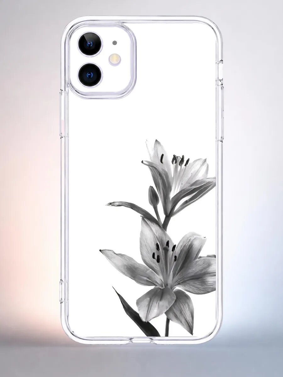 Чехол iPhone 11 лилии чб силиконовый прозрачный