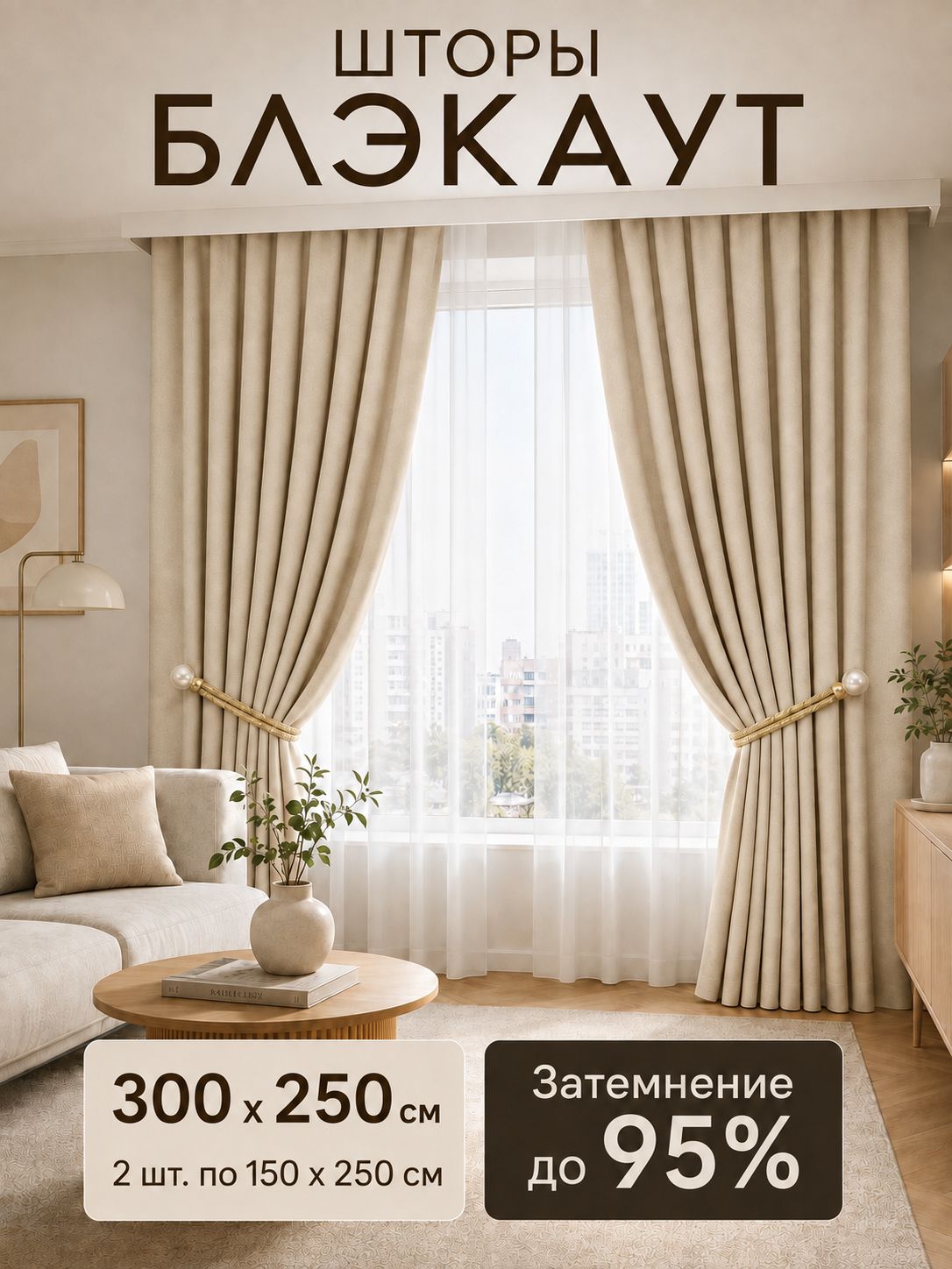 Шторы блэкаут светло бежевые комплект 300х250 (2 шт по 150х250), готовые шторы для комнаты