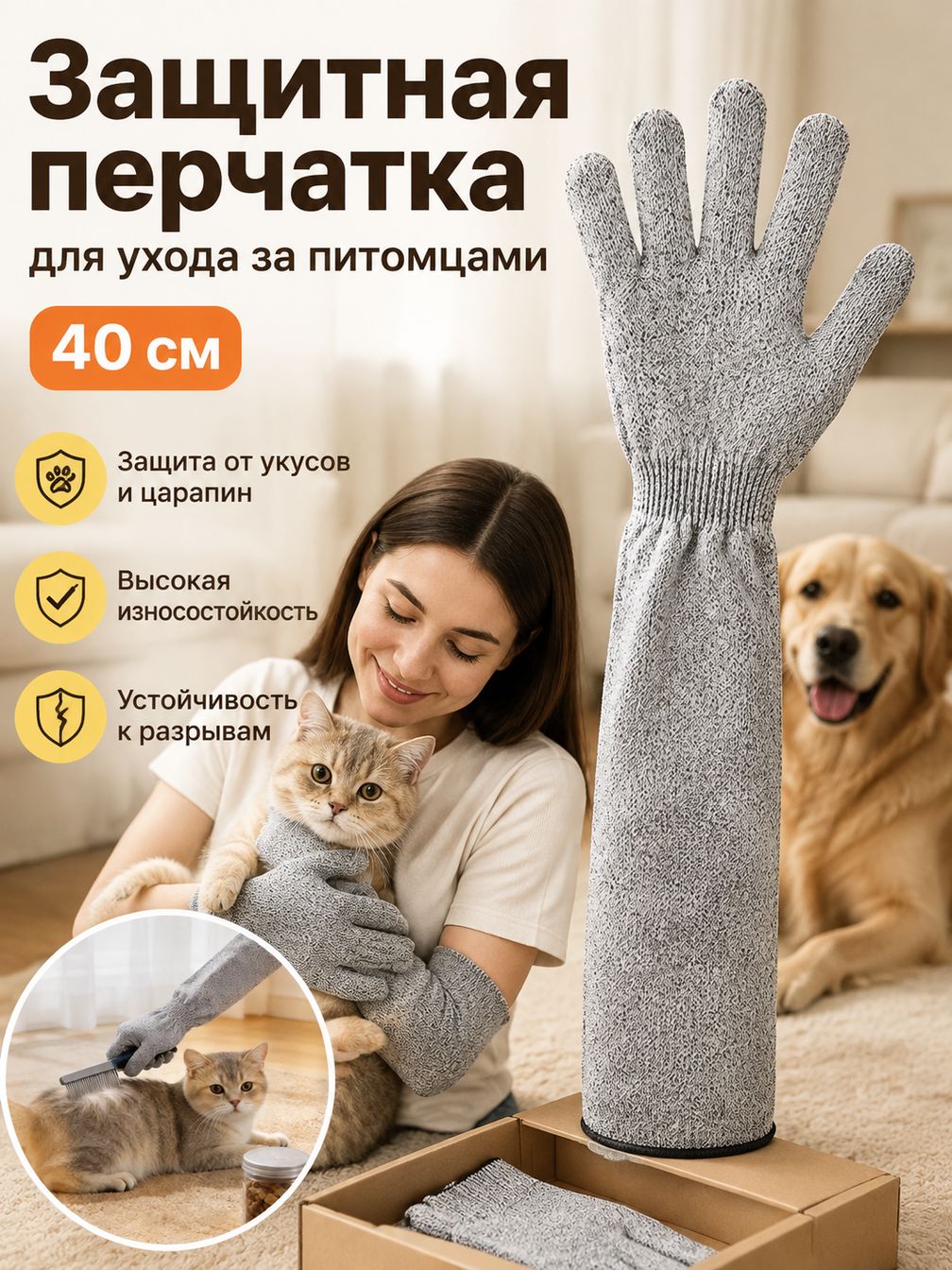Перчатки для защиты от укусов кошек удлиненные 40 см, антивандальные, серые, для груминга и ухода за питомцами, 1 пара