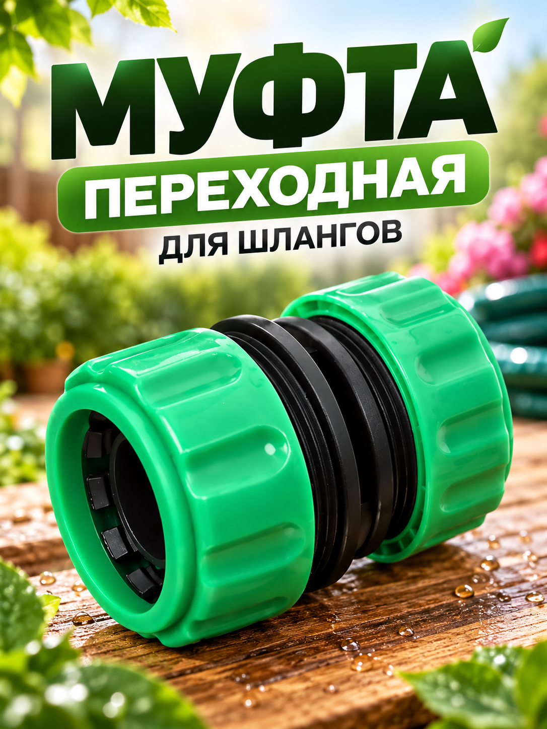 Муфта переходная, для шлангов 3/4" (21 мм) – 1" (25 мм), цанговое соединение, ABS-пластик, Greengo