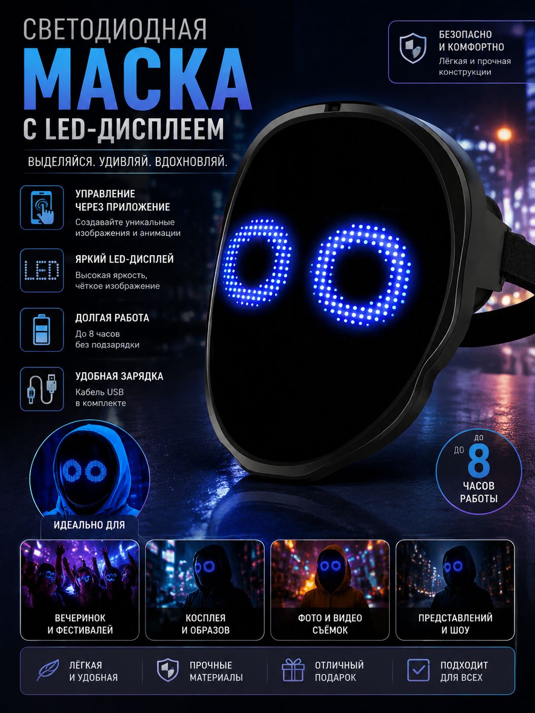 LED маска с дисплеем с управлением через приложение, программируемая маска для Хэллоуина, вечеринок и косплея