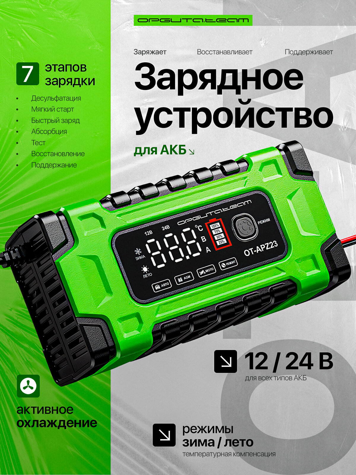 Зарядное устройство для аккумуляторов автомобиля и мотоцикла 12/24В Орбита OT-APZ23