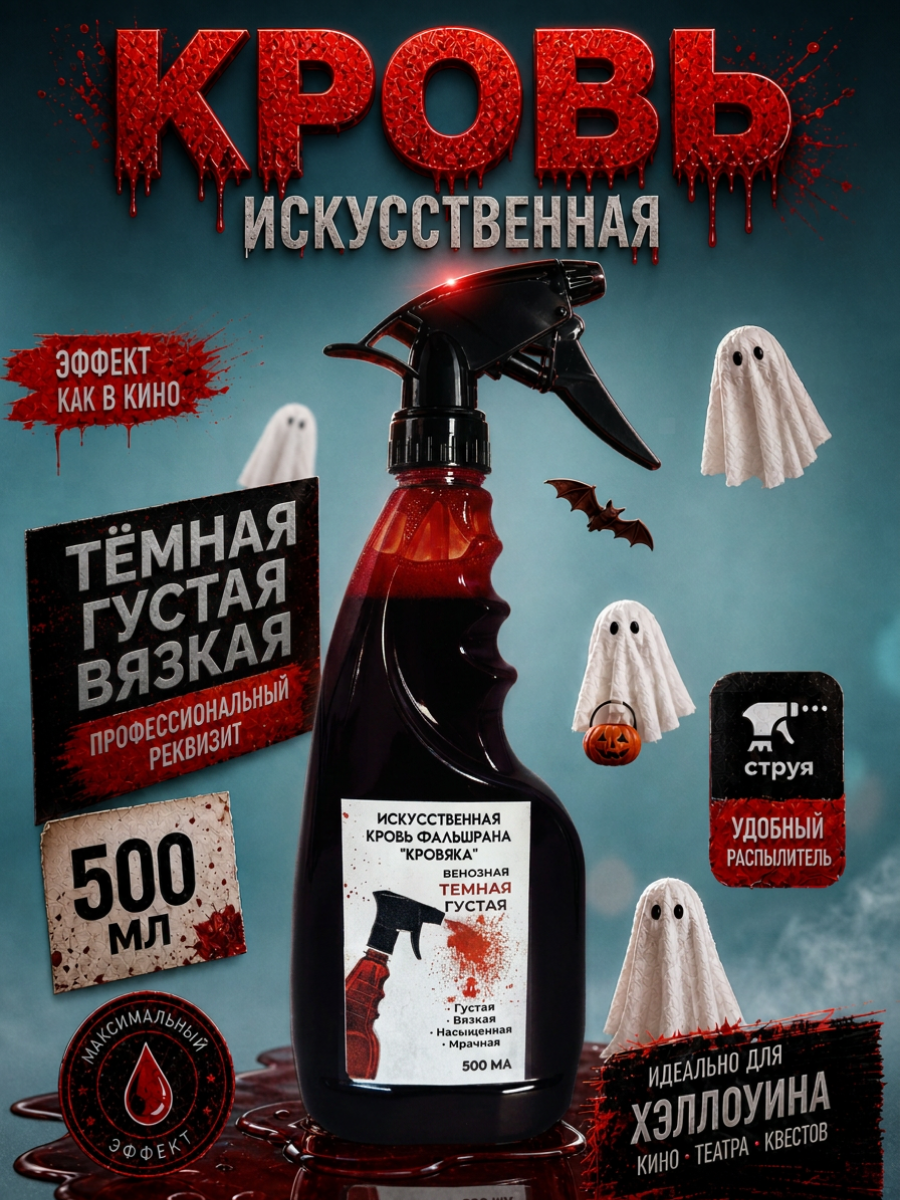 Искусственная кровь во флаконе с курковым распылителем (пшикалка черная) 500мл темная густая