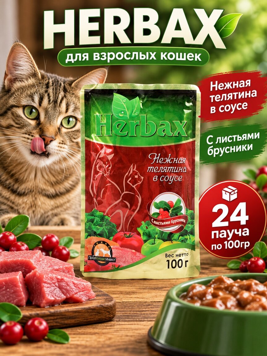 Herbax для кошек Нежная телятина с листьями брусники 100гр х 24шт