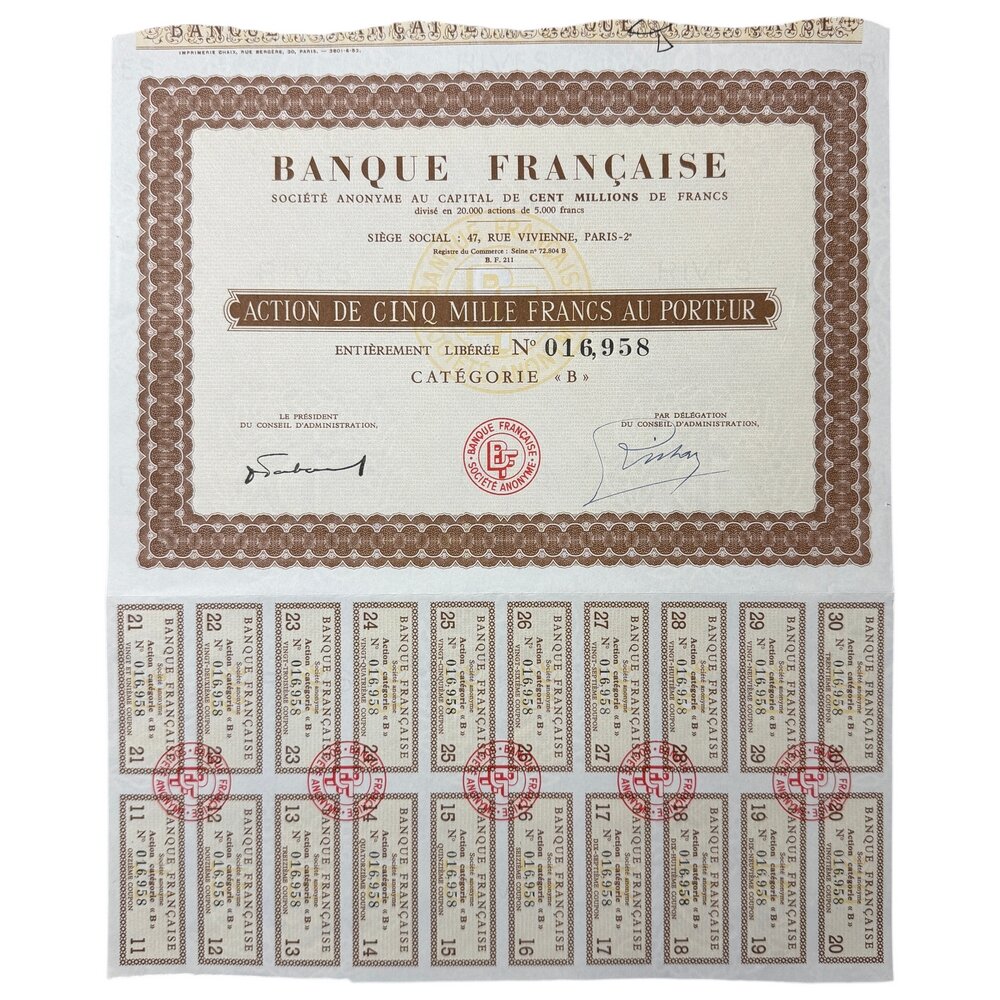 Франция, Banque Francaise SA, сертификат на 1 акцию 1940-1950 гг.