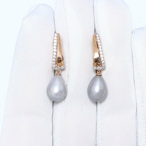 фото Серьги diamant online, красное золото, 585 проба, фианит, жемчуг, длина 2.9 см, , серый