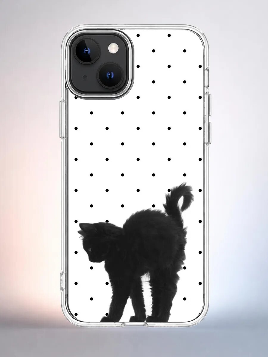 Чехол iPhone 13 черный кот горошек силиконовый прозрачный