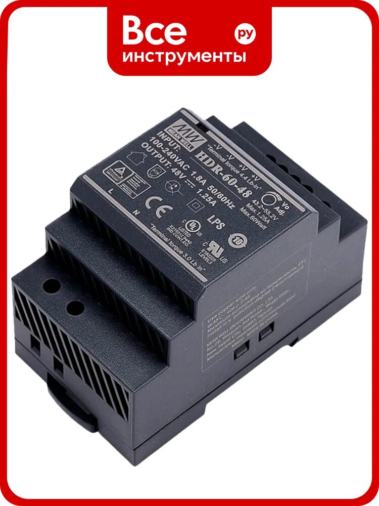Блок питания на DIN-рейку MEAN WELLHDR-60-48, AC/DC 60 Вт 48 В 1,25 А тонкий 52,5 мм (3 SU), со светодиодной индикацией сети и комплексом защит, не требующий заземлени 2272910
