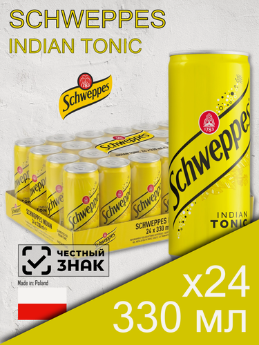 Изображение товара Schweppes Indian Tonic, 0.33 л, 24 шт, slim-банка (газированный напиток Швепс Индиан Тоник, Польша)