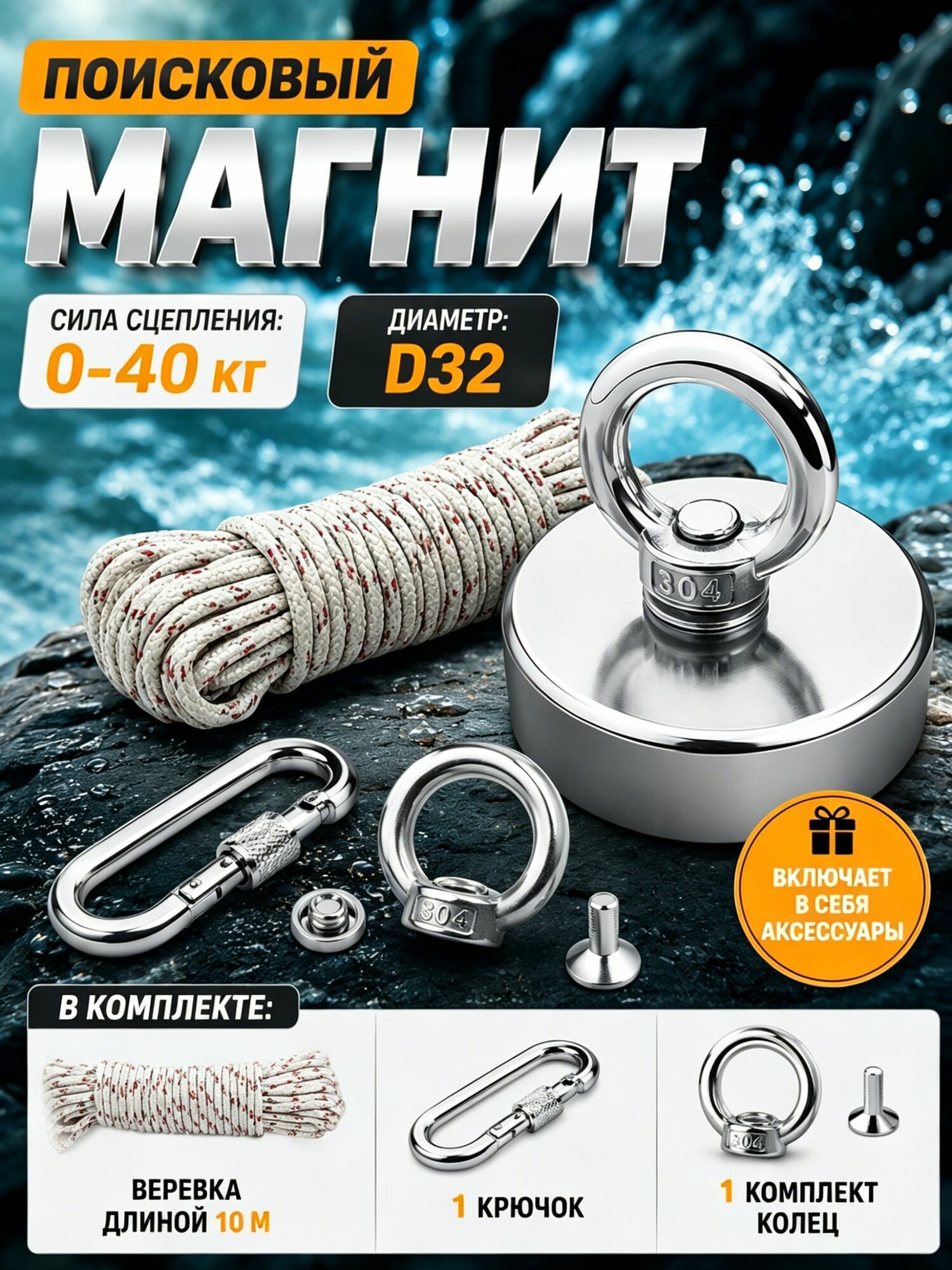 Mагнитных креплений/Поиск магнитов, сила сцепления 32 мм (0-40 кг) В комплект входит 10-метровая веревка и магнитные аксессуары