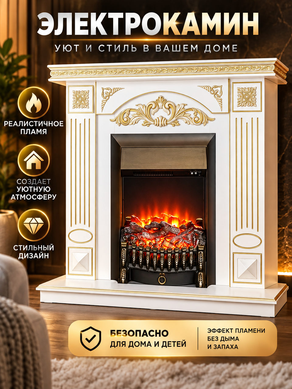 Электрокамин Cold Fire Lantana бежевый патина золото с очагом RealFlame Fobos s LUX Black