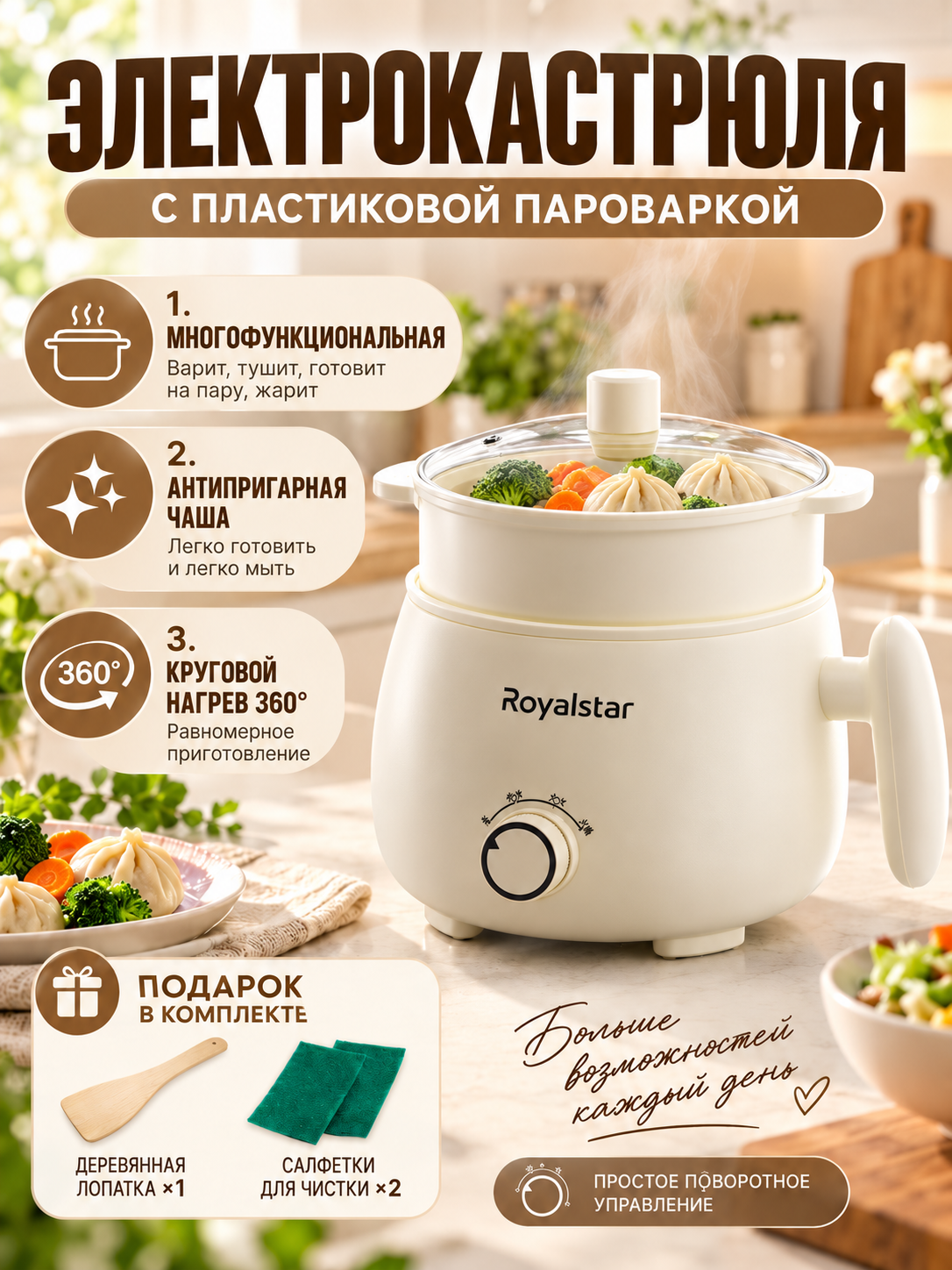 Электрокастрюля домашняя для варки, тушения и жарки, в комплекте деревянная лопатка и салфетки для чистки