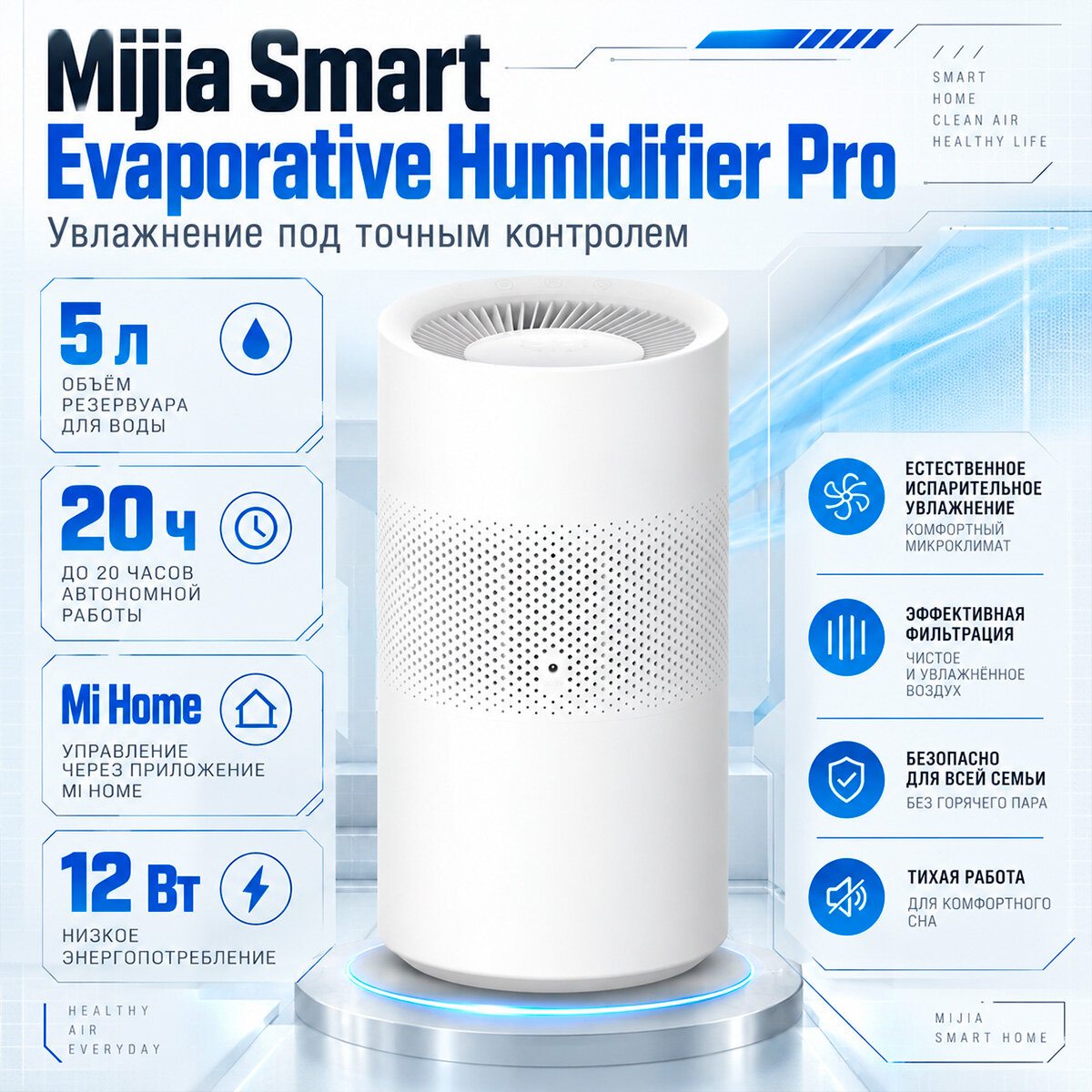 Увлажнитель — Mijia Evaporative Humidifier Smart Pro (EU) (S2756EU) (BHR082TEU): испарительный тип без налёта, площадь до 30 м², бак 5 л (до 20 ч), п