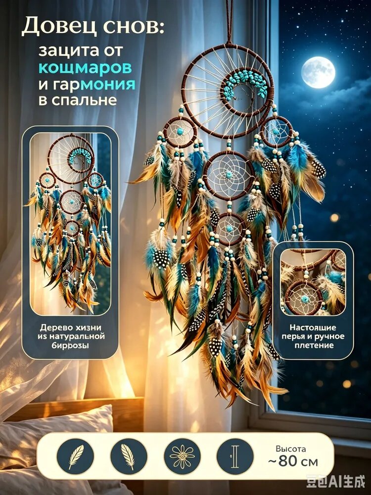 Ловец снов на стену с перьями и бирюзой дерево жизни - 1 шт / подвесной индейский оберег амулет для спальни, детской комнаты и декора в стиле бохо.