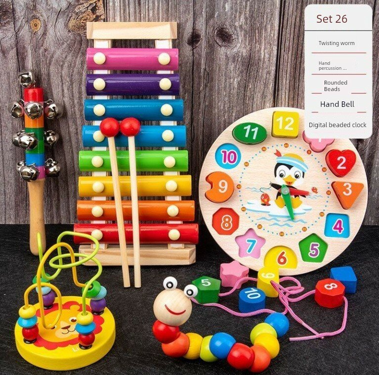 Комплект из 5 развивающих игрушек для детей 1-3 лет - включает гибкого червячка, пианино, бусины