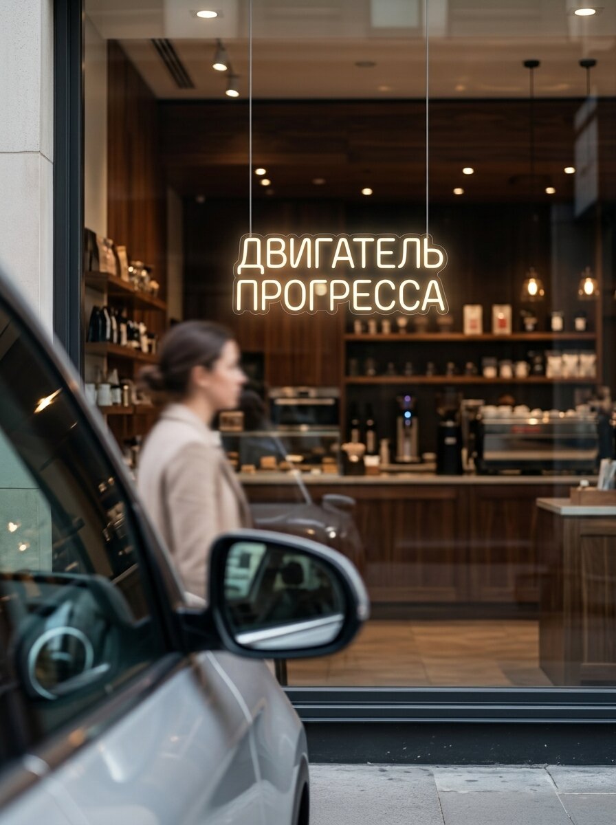 Неоновая вывеска "Двигатель прогресса" 82х30см, неоновая надпись, LED светильник для кофейни