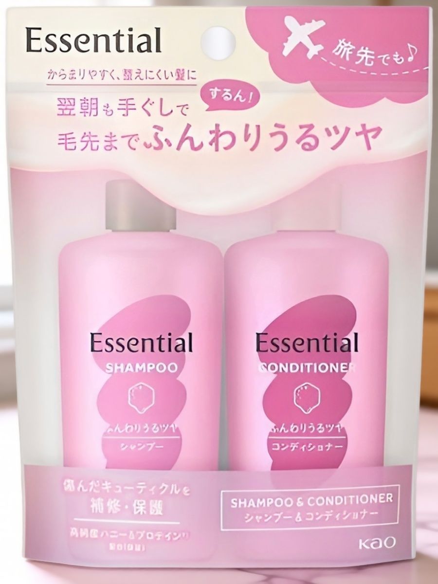 KAO "Essential Smart Repair " Шампунь + Кондиционер для сухих и повреждённых волос разглаживающий кутикулу "Объём и блеск" 45 мл х 2 шт. мини-набор. Япония.