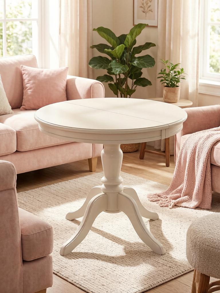 Стол обеденный кухонный раздвижной K-home круглый, 90 (130) см, слоновая кость, эмаль
