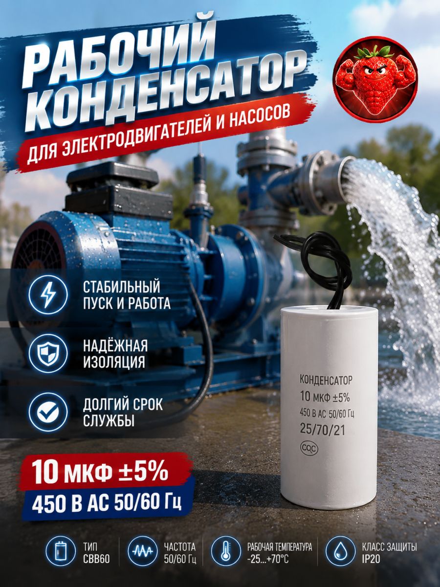 Пусковой/рабочий конденсатор CBB60 емкостью 10 мкф450 В, оснащенный проводами для двигателей и насосов