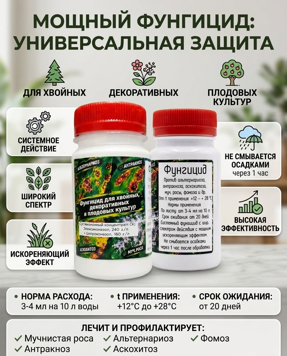 Фунгицид для хвойных, Декоративных и плодовых культур против альтернариоза, антракноза, аскохитоза, муч. росы, фомоза и др, 100 мл, аналог ракурса