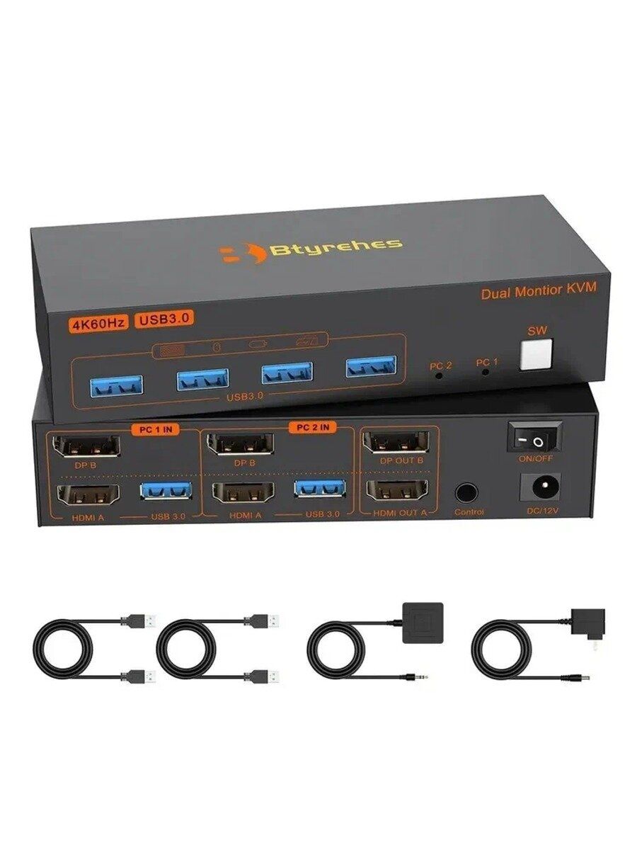4K Displayport HDMI USB 3.0 КVМ переключатель 2 монитора 2 компьютера, 4K@60Hz - Btyrehes