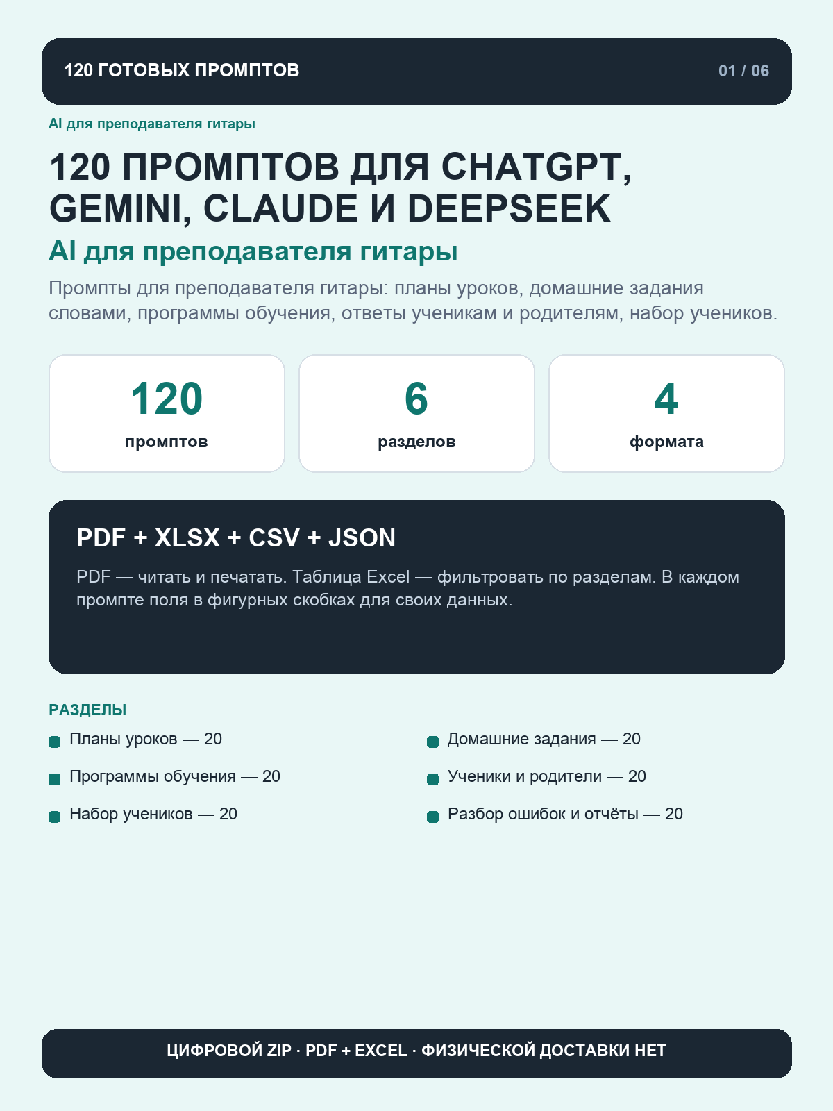 Промпты для преподавателя гитары: 120 готовых запросов для ChatGPT, Gemini, Claude и DeepSeek, цифровая книга PDF A4