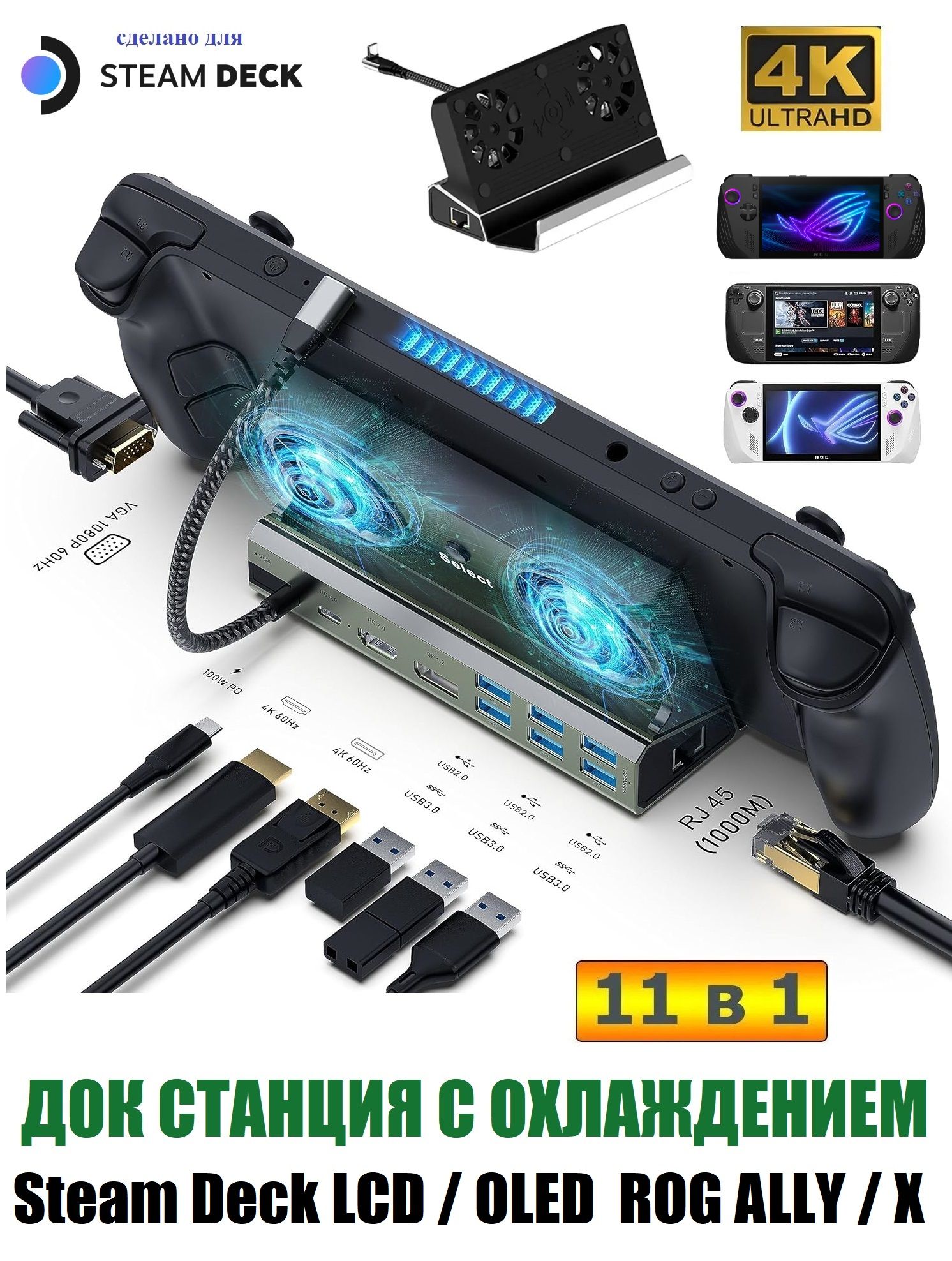 Док станция хаб USB-С 11 в 1 c охлаждением для Steam Deck, Steam Deck OLED, RogAlly